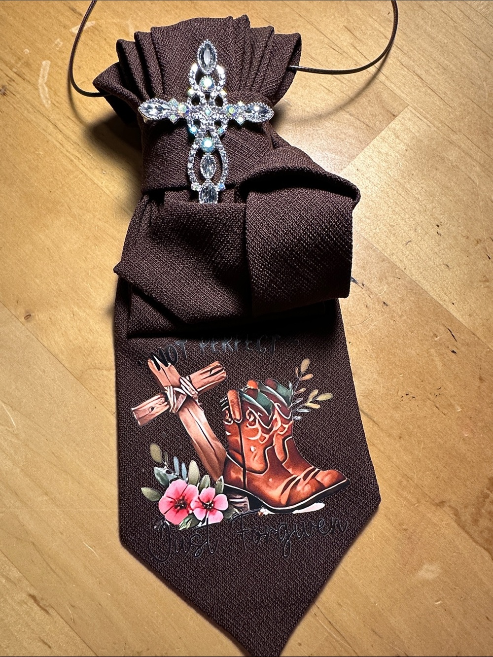 Necklace Tie Brown Decorative Tie with Cross Brooch & Boot Motif